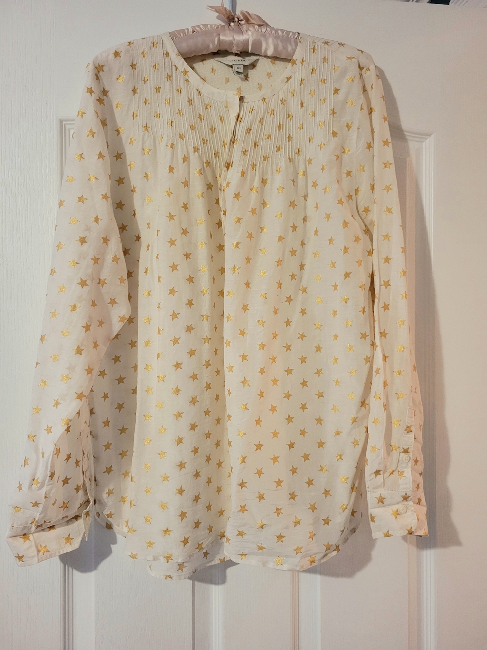 J Crew 100% Silk Cream Star-Print Long Sleeve Blouse Sz. 14 T - Picture 3 of 11